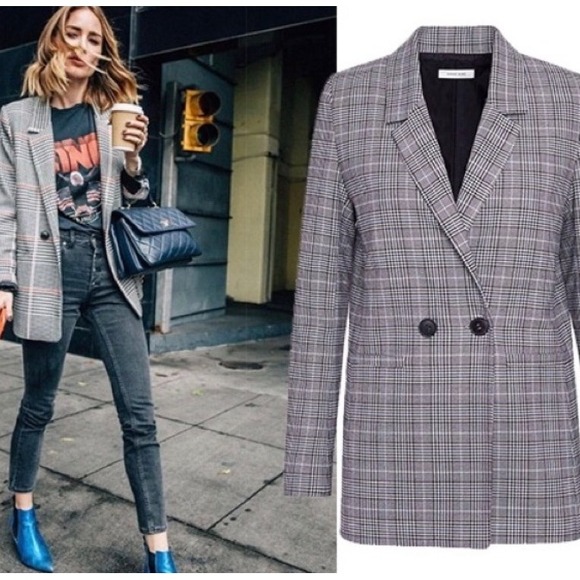 Anine Bing Jackets & Blazers - ANINE BING Plaid Madeline Double Breasted Blazer Jacket Blue Black Size S P